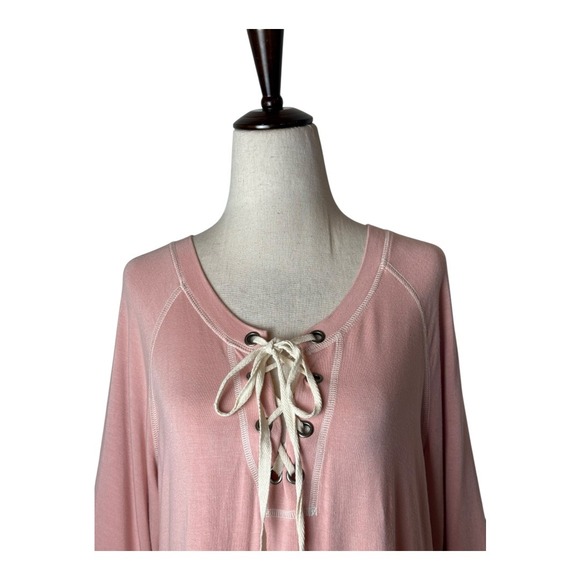 JUDE Shirt Women Large Pink Lace Up Knit‎ Lightweight Pullover Athleisure USA - Picture 3 of 9